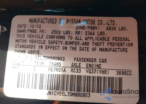 2013 Infiniti G37X z USA, uszkodzony, nr VIN JN1CV6EL7DM980803